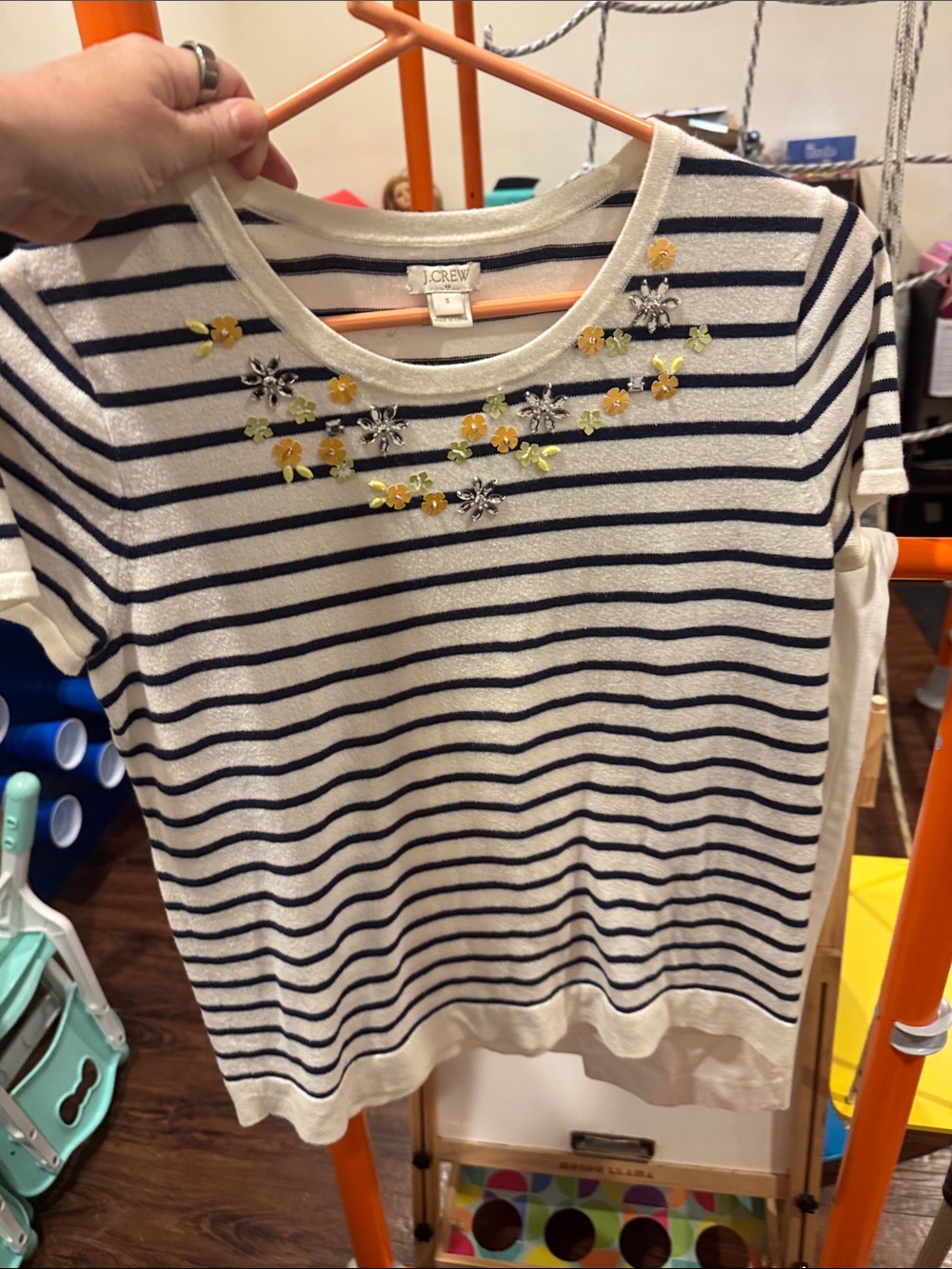 J. Crew Cream & Navy Striped Embellished Tee